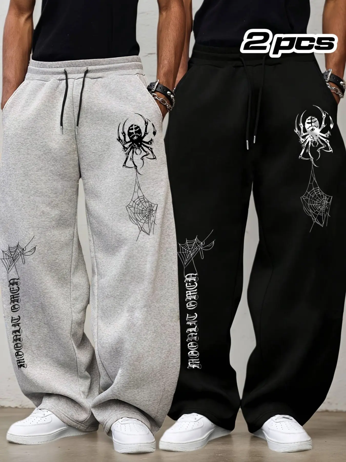 Men's 2-Piece Spider Print Loose Drawstring Sports Pants, Athleisure Pants, Adjustable Waist, Outdoor Fitness Long Pants, Fitness Trousers, Athletic Trousers, Casual Straight Leg, Activewear Bottoms, Athleisure Style Pants, Active Gym Pants