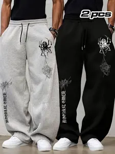 Men's 2-Piece Spider Print Loose Drawstring Sports Pants, Athleisure Pants, Adjustable Waist, Outdoor Fitness Long Pants, Fitness Trousers, Casual Straight Leg, Activewear Bottoms, Athleisure Style Pants
