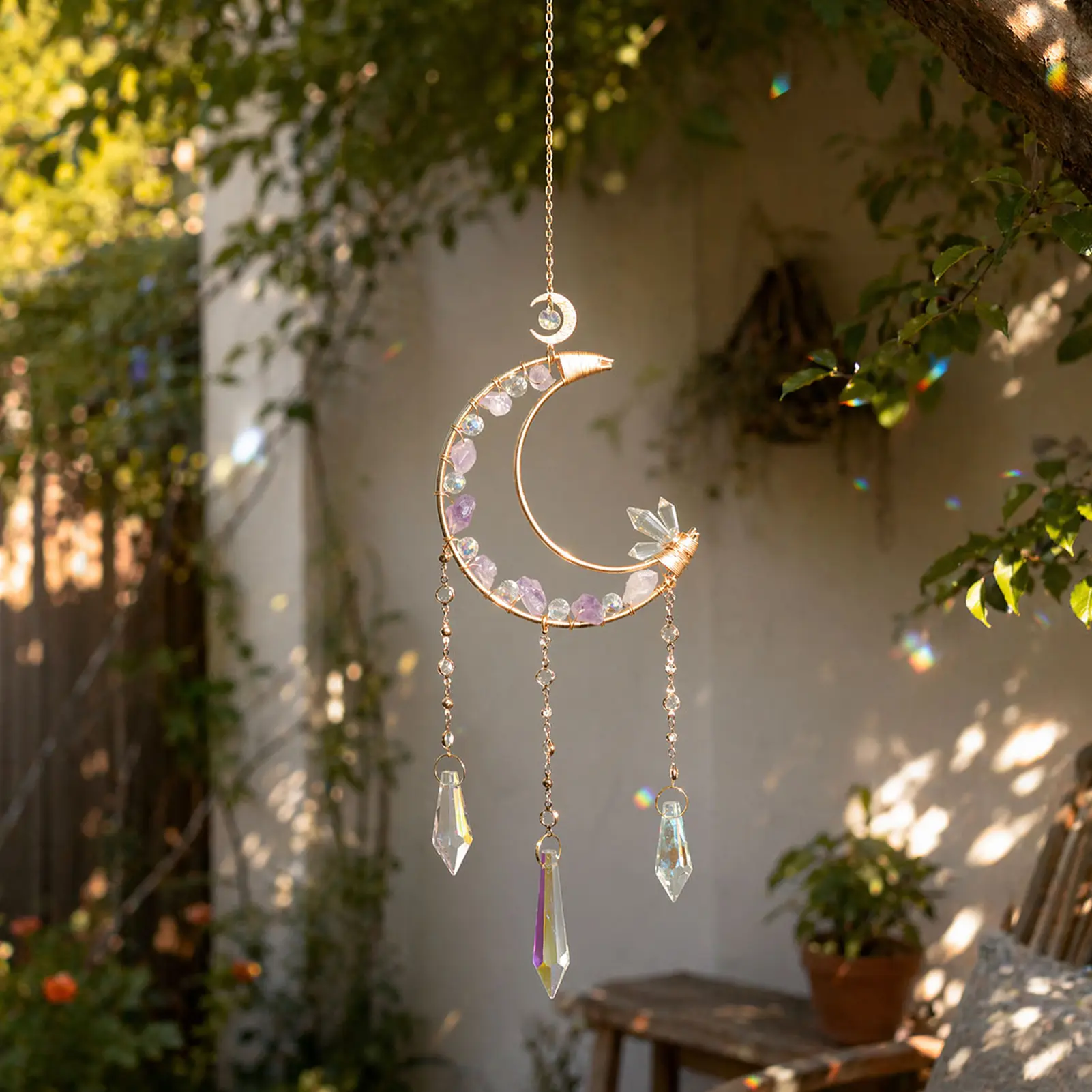 Crystal Sun Catcher, Hanging Suncatcher with Amethysts, Handmade Rainbow Maker Indoor Outdoor Decor for Window Bedroom Courtyard Garden, Bless Gift