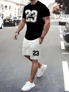 Summer Men's Colorblock Short Sleeve Fitted T-Shirt + Sport Shorts Set, Fashion Casual, Comfortable Breathable, Beach Vacation & Daily Wear, Outfit