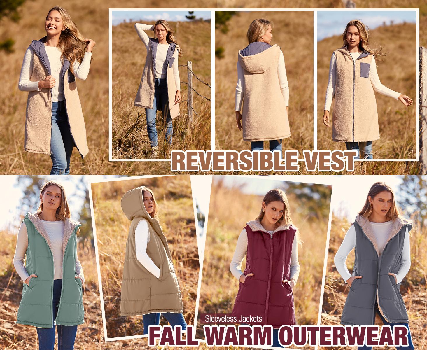 BTFBM Long Puffer Vest Women Fleece Sherpa Jacket Sleeveless Hooded Reversible Zip Up Winter Coat Fall Vests Outerwear