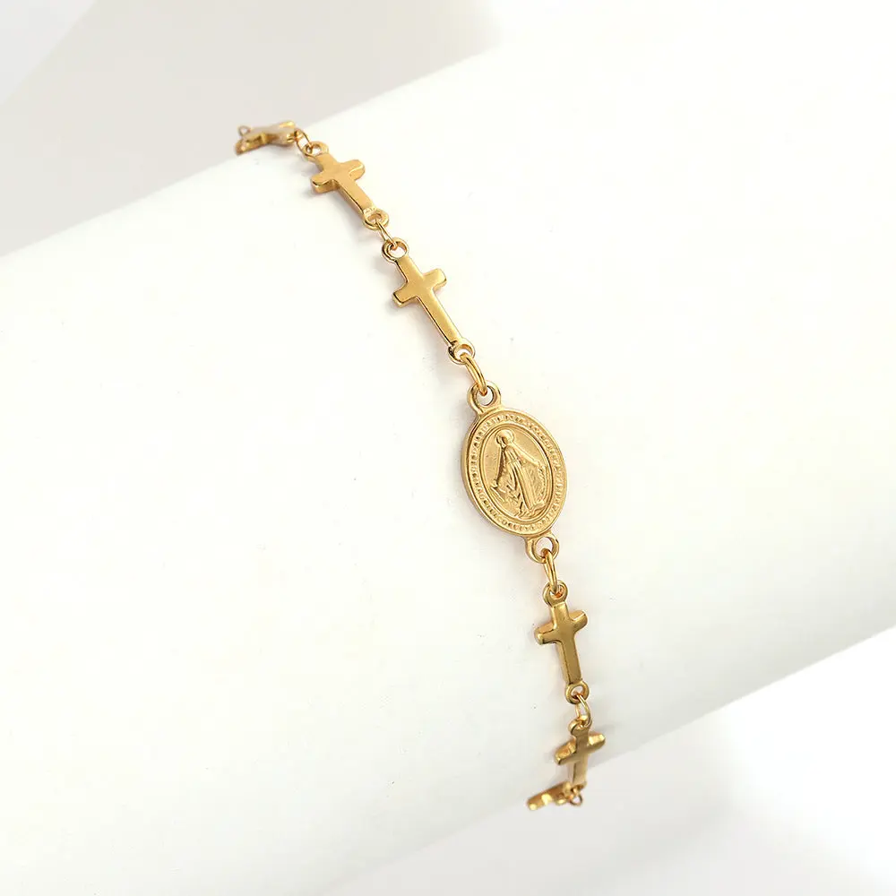 Dainty Miraculous Medal Bracelet for Women, Gold Tone Stainless Steel Chain with Cross Motif, Adjustable and Waterproof for Layered Looks, Stacked Bracelets, Daily Wear