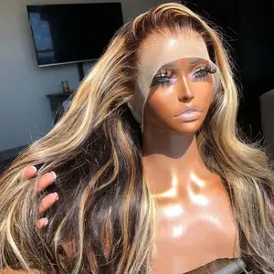 Blonde Brown Highlights Human Hair Body Wave Wigs Highlight 4/27 13x6 HD Transparent Lace Frontal Wigs for Women Pre Plucked Natural Hairline with Baby Hair Brazilian Lace Frontal Wig 180% Density Highlights Body Wave Lace Front Wig