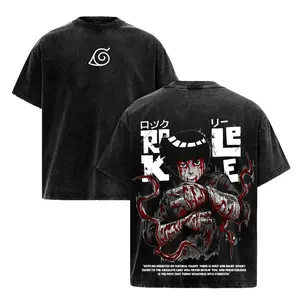 Urban Streetwear Black Washed Naruto Rock Lee Anime Graphic T Shirt for Men Warrior Blood Splatter Pocket Leaf Symbol Print Crewneck Cotton Tee Casual Top for Daily Activities and Naruto Enthusiasts