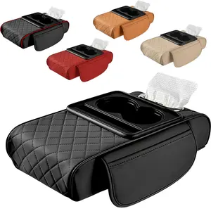 5in1 Universal Thickening Car Armrest Cushion & Cup Holder Phone Mount Storage Bags Tissue Box Slot Memory Cotton Leather Center Console Cover Fit For Ford Honda Toyota BMW Chevrolet Jeep Nissan Mercedes-Benz Hyundai