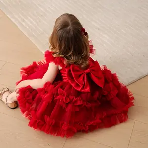 Toddler Girl set Ruffled Tulle Princess Dress with Oversized Bow, 6M-3Y Kids Flutter Sleeve Party Dress 25599