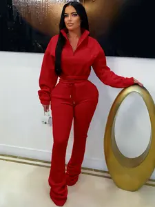 Women's Fall Winter Fashion Zipper Half High Neck Waist Cinched Fleece Sweatshirt & Drawstring Pants Sportswear Set Sweatsuit Outfits