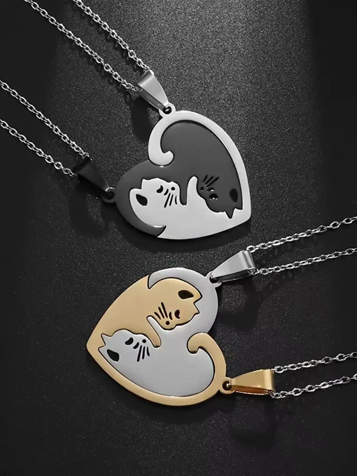 "Two Cats Embracing" Stainless Steel Couple's Pendant Necklace, Friendship Necklaces, Casual Style Necklaces, Cute Pet Cat Design, Heart-Shaped Yin-Yang Style, Birthday Gift Jewelry for Women and Girls, Perfect for Couples, Friends