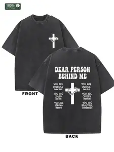 Men's Double-Sided Heavy Washed Short-Sleeve Distressed T-Shirt - Round Neck, Christian Cross Print, Inspirational Bible Verse, Plus-Size, Vintage Casual Top, Ideal for Spring/Summer Gifting, Shortsleeve