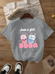 Women's Letter & Heart Print Round Neck Sports Tee, Casual Milk Tea Elements Short Sleeve T-shirt for Daily Wear, Ladies Sportswear for All Seasons