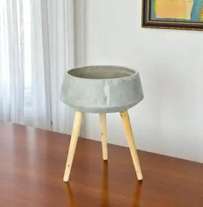 360 Stand Gray Concrete & Wooden Round Planter with Stand, 81oz Capacity, Distressed Look, Rustic Aesthetic, Home & Garden Decor Concrete Garden Pot, Concrete Garden Pots, Round Pots