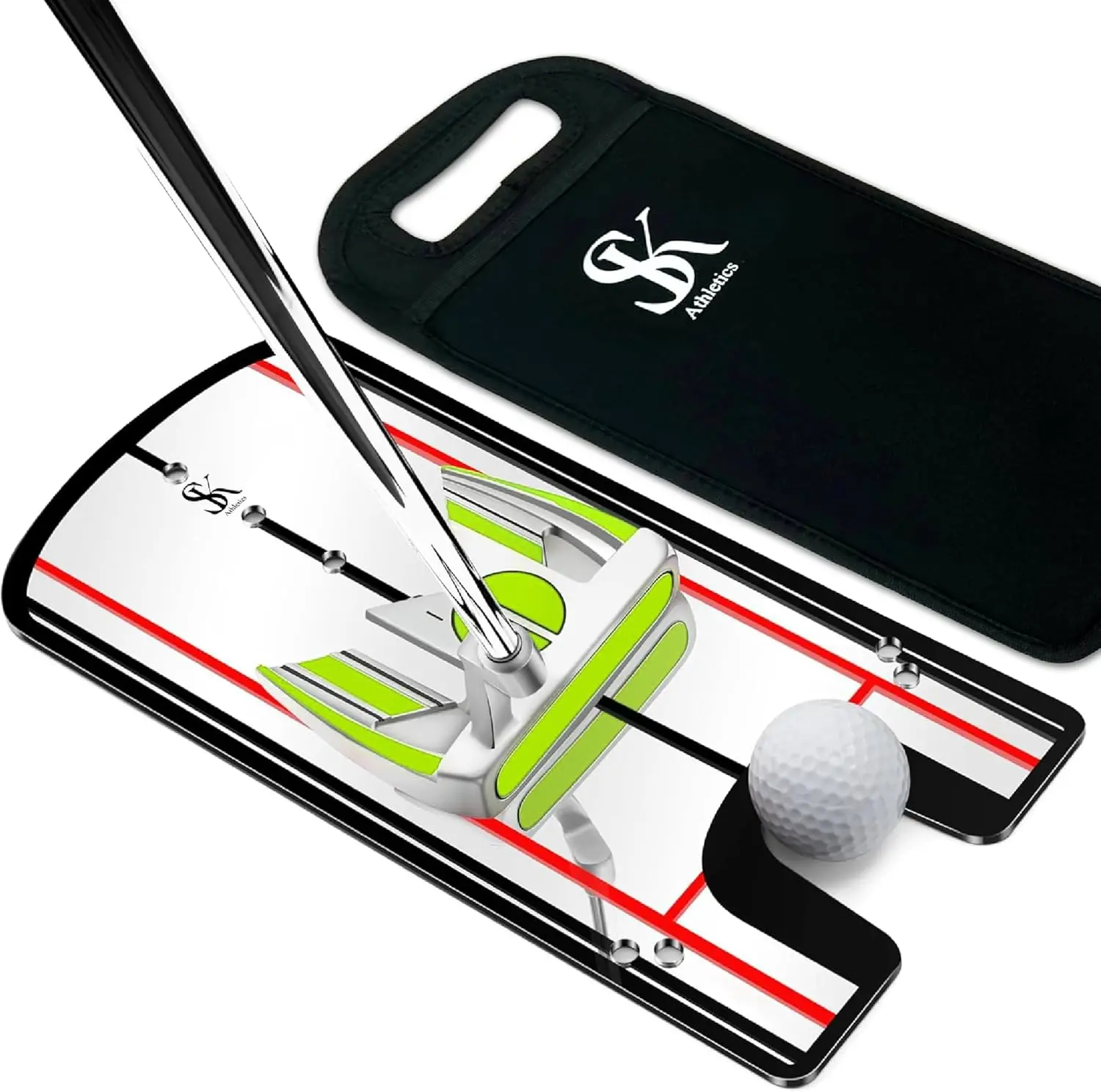 SK Athletics Golf Putting Mirror Training Aid with Upgraded Neoprene Bag - 12"x6" Acrylic Putter Alignment Tool, 8 Gate Slots, Protective Neoprene Sleeve - Portable Indoor/Outdoor Eye & Shoulder Alignment Aid
