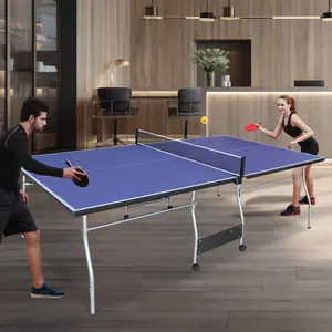 8ft Mid-Size Table Tennis Table Foldable & Portable Ping Pong Table Set for Indoor Games with Net, 2 Table Tennis Paddles and 3 Balls outdoor game