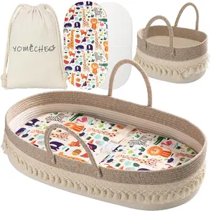 Baby Changing Basket Boho Moses Basket for Newborn with Diaper Caddy Cartoon Changing Pad Waterproof Sponge Cushion Storage Bag for Baby Dresser