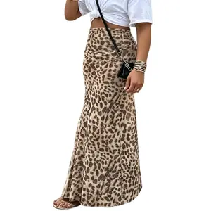 Leopard Print Maxi Skirt - Y2K Mob Wife Mermaid Skirt for Women, High Waist Ruched Mesh Bodycon Skirt, Lined Non-See Through Fishtail Skirt for Night Out Club Vacation