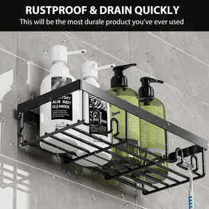 2 Shower Caddy with Hooks, Self Adhesive Black Bathroom Shelves Basket - Sturdy Metal, Stronger Adhesive, Applicable to More Walls