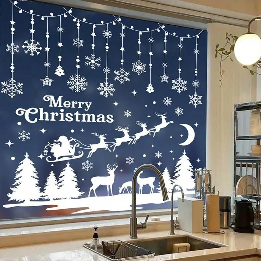 Christmas Decorations Set, Santa Claus Window Stickers, Snowflakes & Reindeer Fridge Magnets, Christmas Home Party Decor