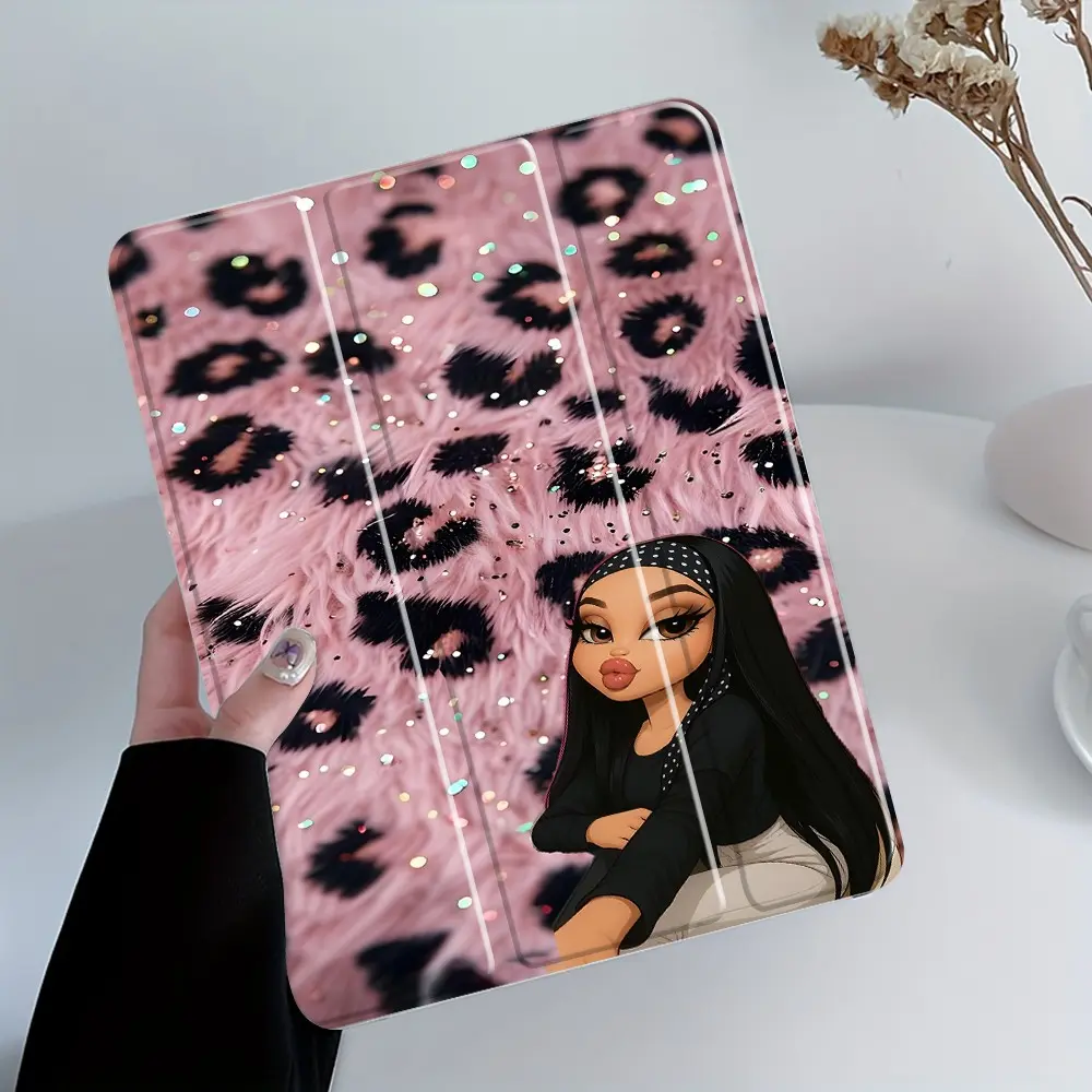 Pink Leopard Fur iPad Case,Bratz Style Girl Print Protective Cover, Tablet Cover with Trifold Stand & Auto Wake/Sleep,Transparent Acrylic Hard Back,iPad Accessories,suitable for all iPad models including 7.9/10.2/10.9 inch,gift