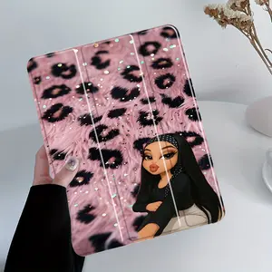 Trendy Pink Leopard Fur iPad Case,Cute Bratz Style Girl Print Protective Cover, Tablet Cover with Trifold Stand & Auto Wake/Sleep,Transparent Acrylic Hard Back,suitable for all models of iPad including 7.9/8.3/10.2/10.5/10.9/11/12.9 13 inch,great gift