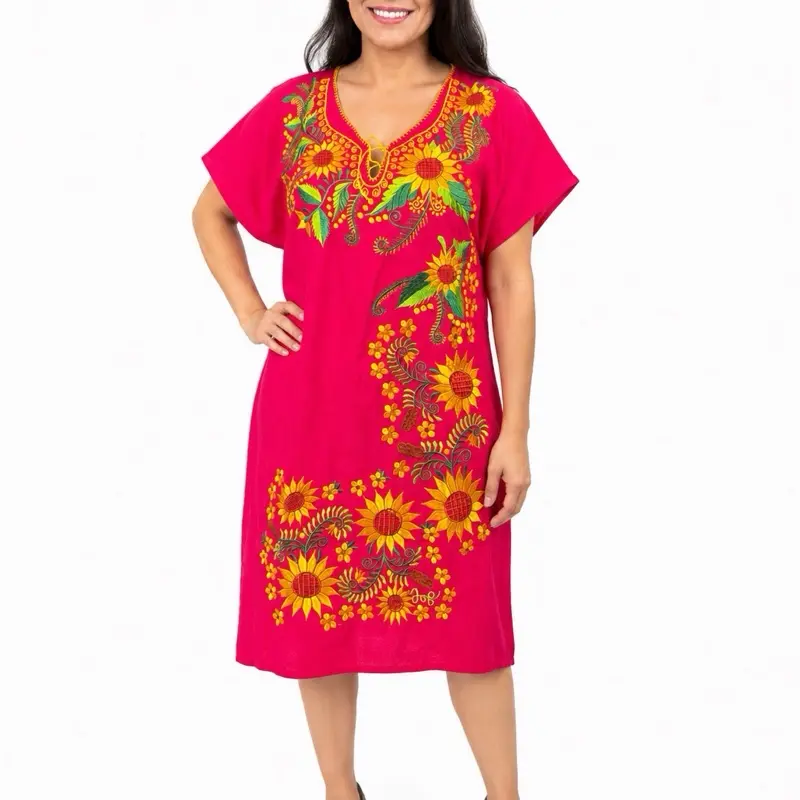 Vestido kimona girasol - Handmade Embroidered Dress in Oaxaca handmade in Mexico - bordado a manoo - mexican dress - vestido mexicano Women's Casual Handmade Embroidered Oaxaca Multicolor
