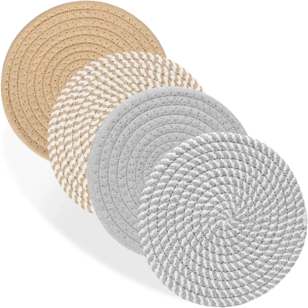 Sohochic Cotton Rope Trivet Mats Set of 4 - 7in Diameter, 0.3in Thick Gray&Brown Round Hot Pads, Absorbent Coasters, Tableware Placemats, Heat-Resistant, Excellent Water Absorption, Durable Gift