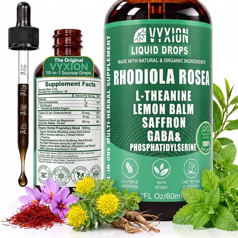 VYXION Organic 10 in 1 Rhodiola Rosea Liquid Drops, Rhodiola Rosea Supplement for Mood Support, Relaxing Root Extract Liquid Drops, with L-Theanine, Lemon Balm, Saffron,  Gaba&Phosphatidylserine for Natural Relaxation and Energy