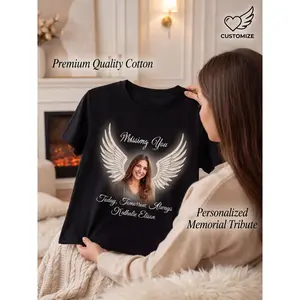 Personalized Custom Photo Memorial Tee, Premium Cotton Short Sleeve Tops with Angel Wings Print. Customize Your Own Text And Name for A Special Remembrance Sympathy Gift. Unisex Round Neck Comfortable