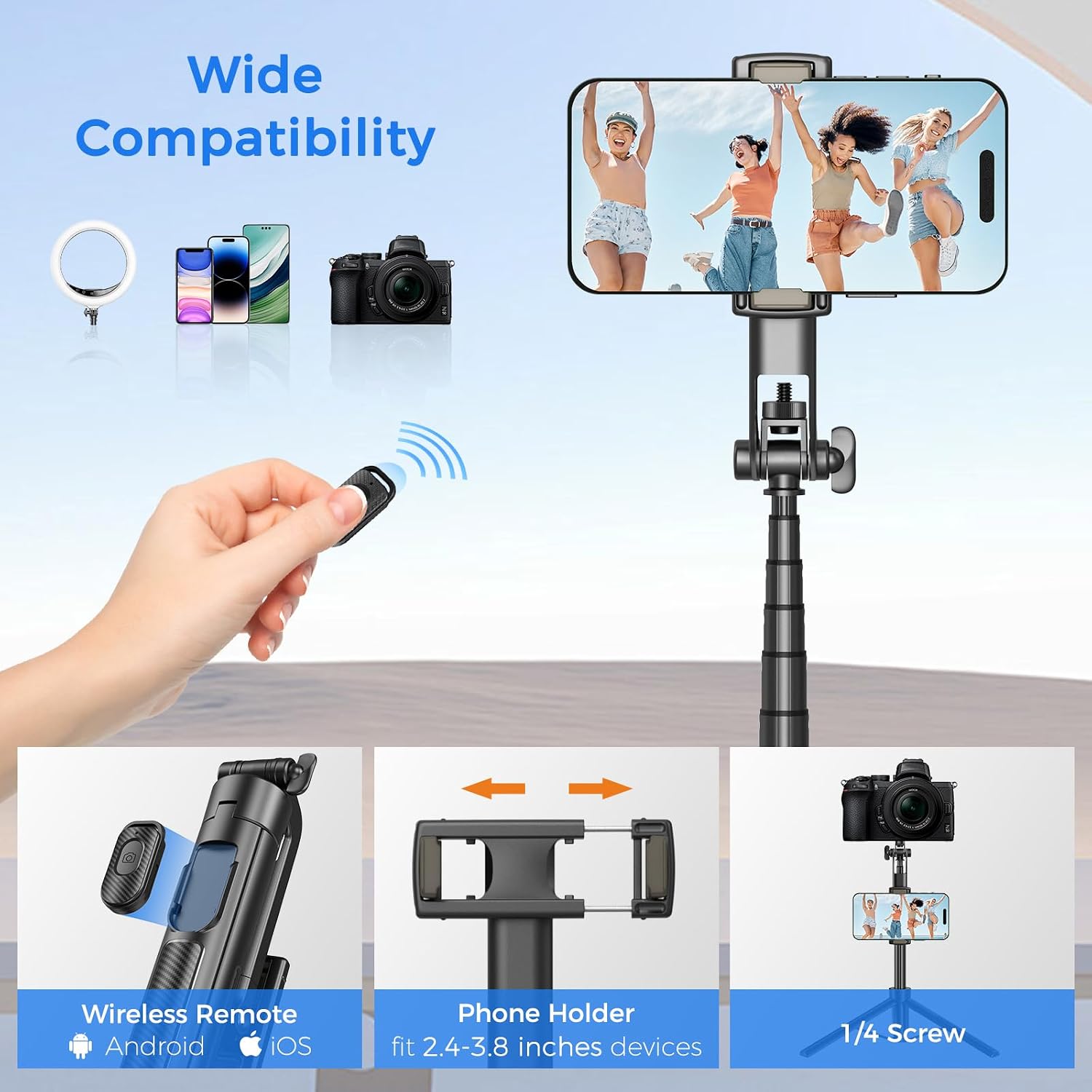 Selfie Stick Tripod for iPhone & Android, 50 Inch Extendable Phone Tripod with Wireless Remote & Phone Holder, Portable Selfie Stick for Travel, TikTok Videos, Vlogging, Photos & Recording
