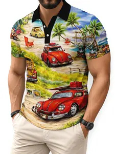 Vintage Volkswagen Beetle Beach Print Polo Shirt, Retro Vacation Casual Top, Fitted Style, Summer Fashion, Men's Clothing