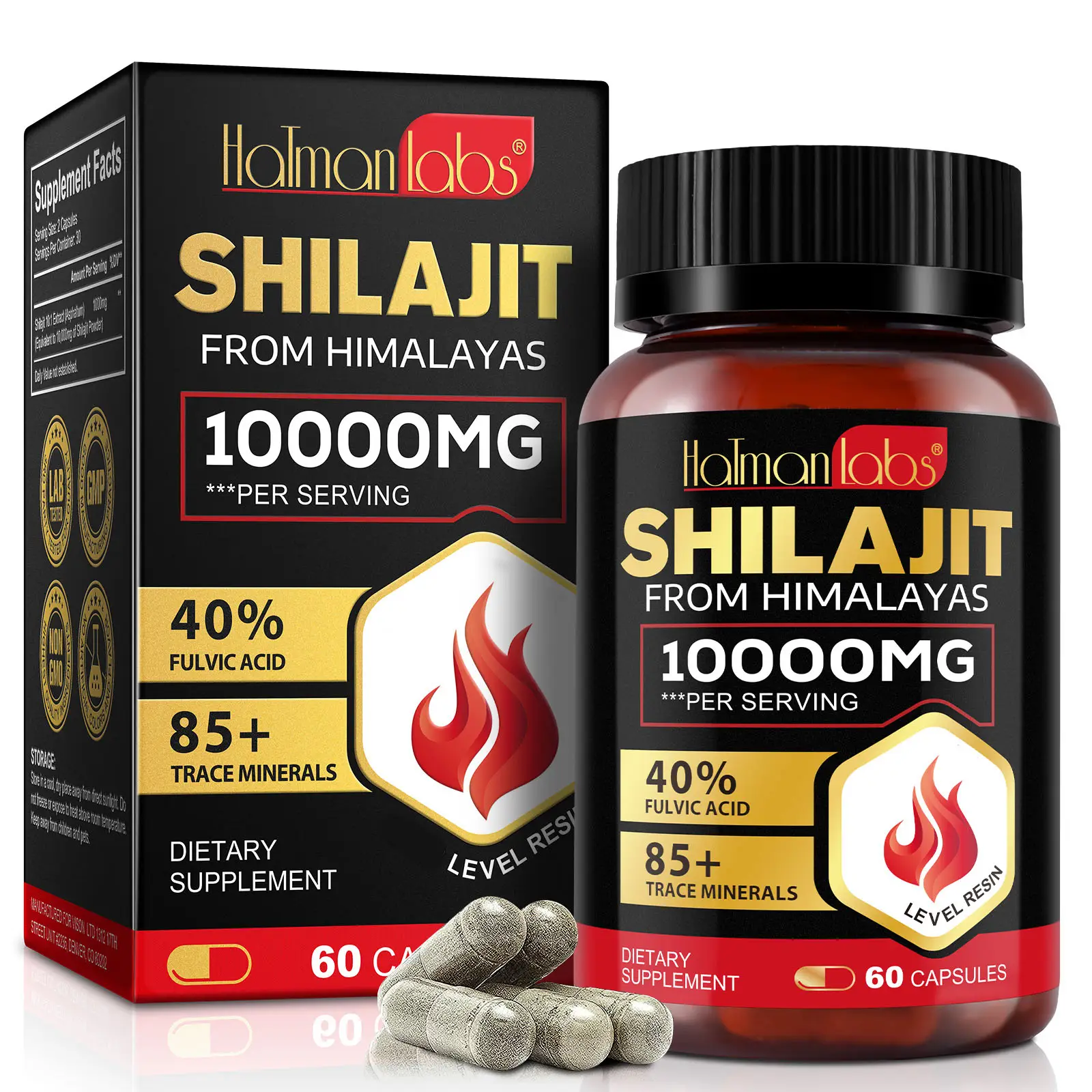 Hatmanlabs Himalayan Shilajit Resin, supplement, 85+ Clean Trace Minerals & Fulvic Acid for Energy, healthcare edible(60pcs)