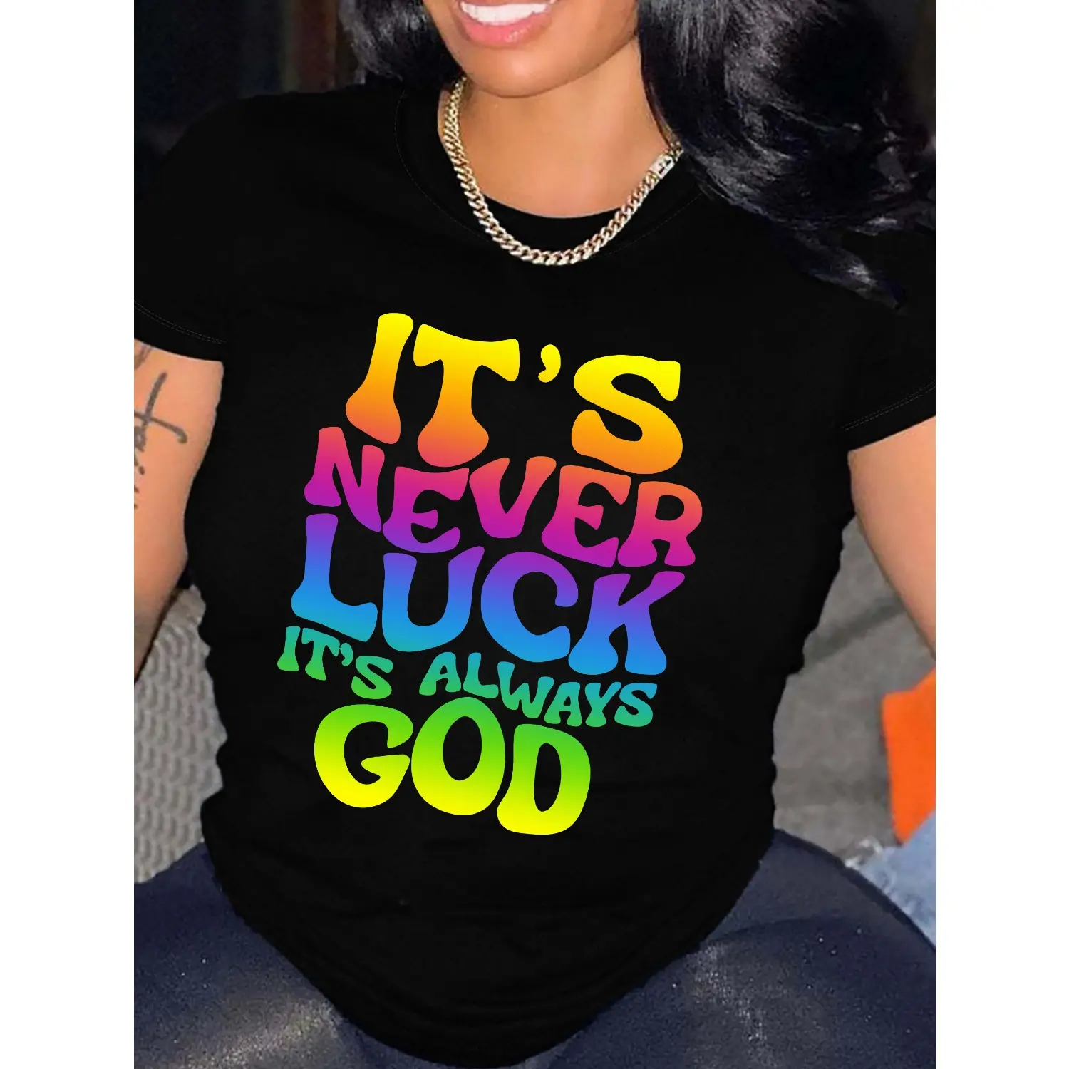 Women's Inspirational Graphic T-Shirt "It's Never Luck, It's Always God" - 100% Polyester Ombre Letter Print, Casual Crew Neck, Regular Length Knit Tee for All Seasons