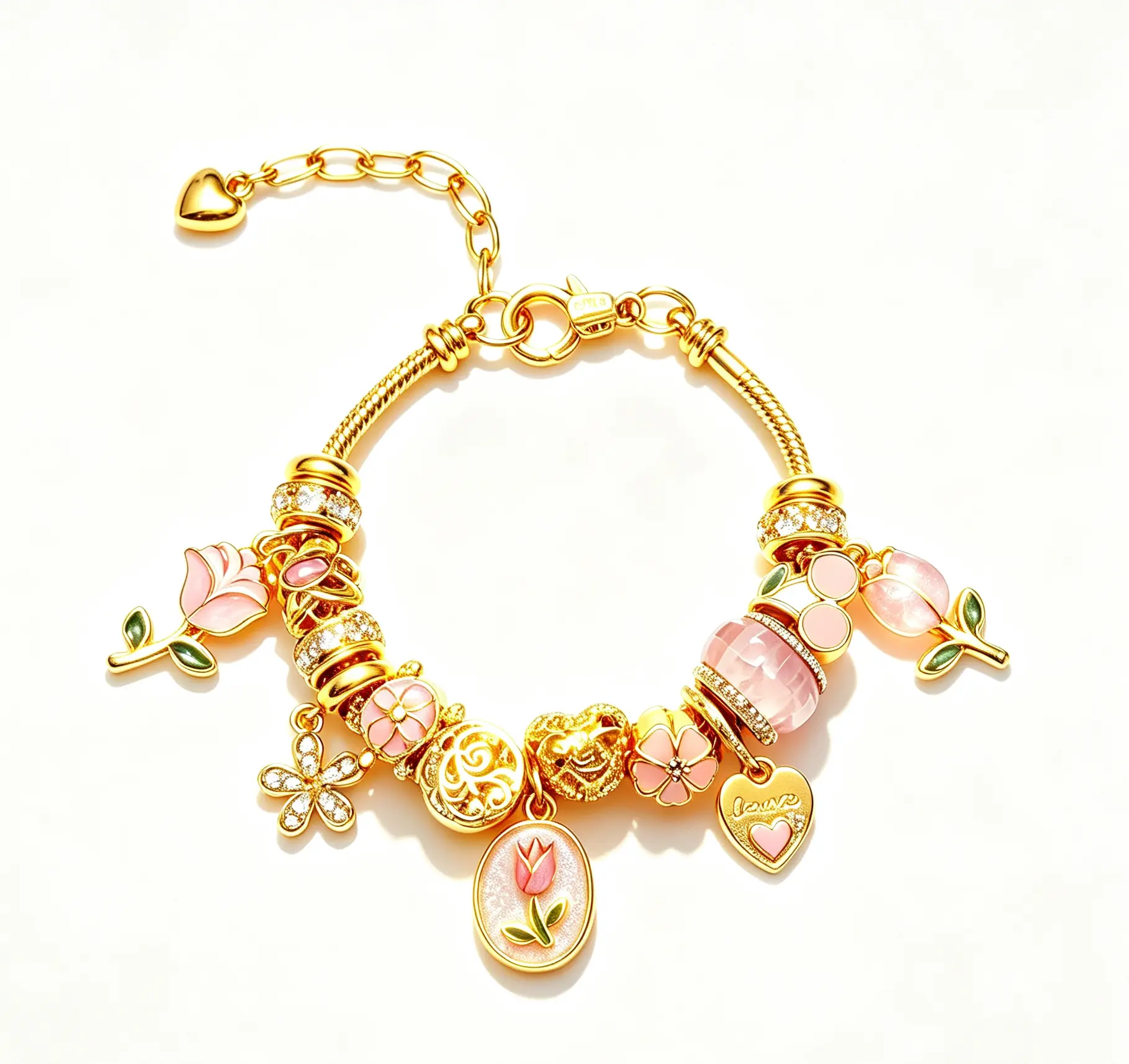 Spring Vibes on Your Wrist, Pink Tulip & Heart Charm Bracelet