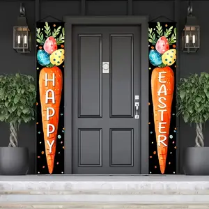 2D Door Banner Set of 2 Easter Celebration Banners - Featuring 'Happy Easter' Along with Eggs And Carrots, Made from 100% Polyester, Measuring 71X12 Inches, Ideal for Decorating Your Lawn And Garden, No Electricity Required