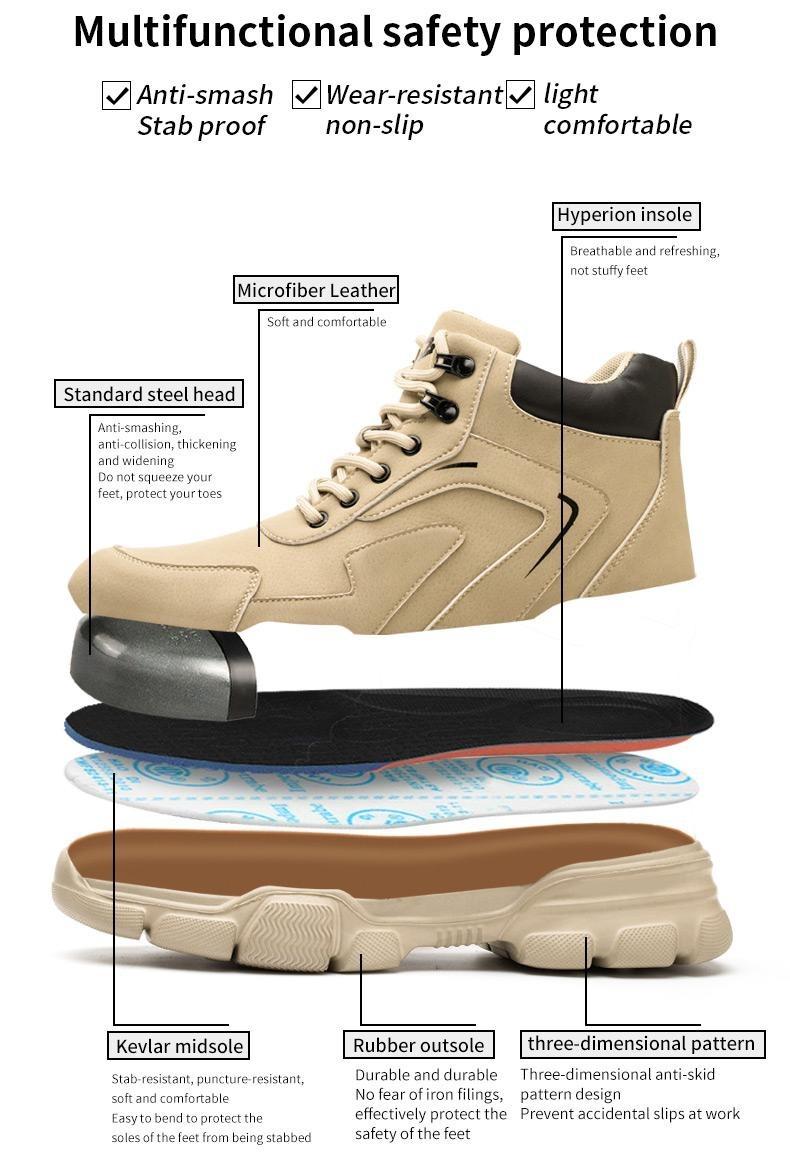 Outdoorfun Anti-Smash & Anti-Puncture Work Shoes: Khaki, Closed Toe, Protection for Boys & Workers