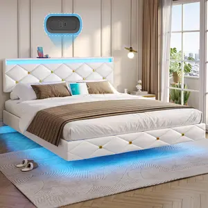 Hasuit Floating Bed Frame Queen Size with LED Lights and Charging Station, Modern Queen Platform Bed with Vegan Leather Upholstered Headboard, No Box Spring Needed, Noise Free, Easy to Assemble