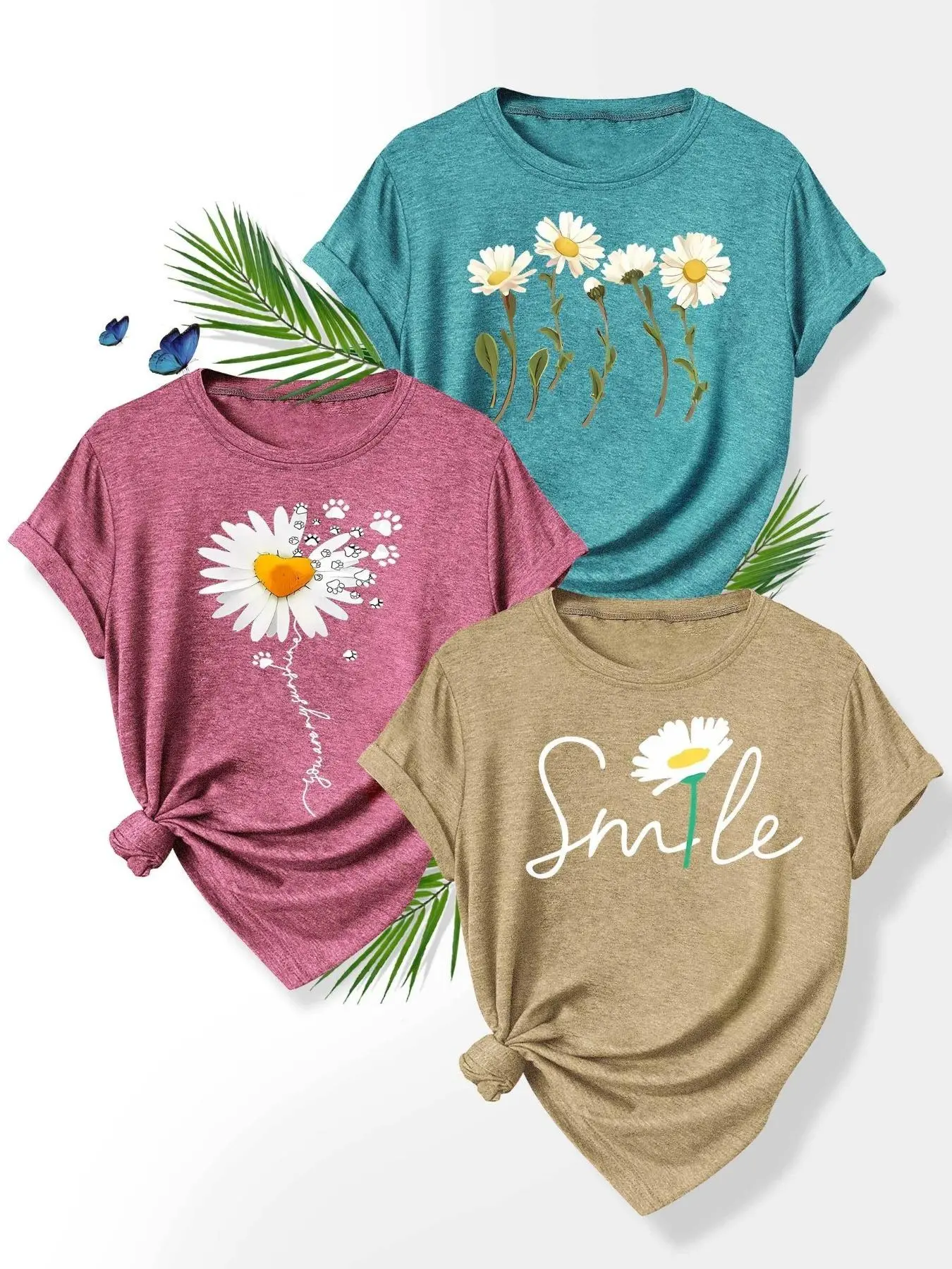 Women's Floral & Letter Print Tee, Casual Round Neck Short Sleeve T-shirt Summer for Daily Wear, Ladies Clothes for All Seasons, Womenswear