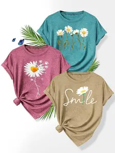 Women's Floral & Letter Print Tee, Casual Short Sleeve T-shirt for Daily Wear, Ladies Clothes for All Seasons, Womenswear