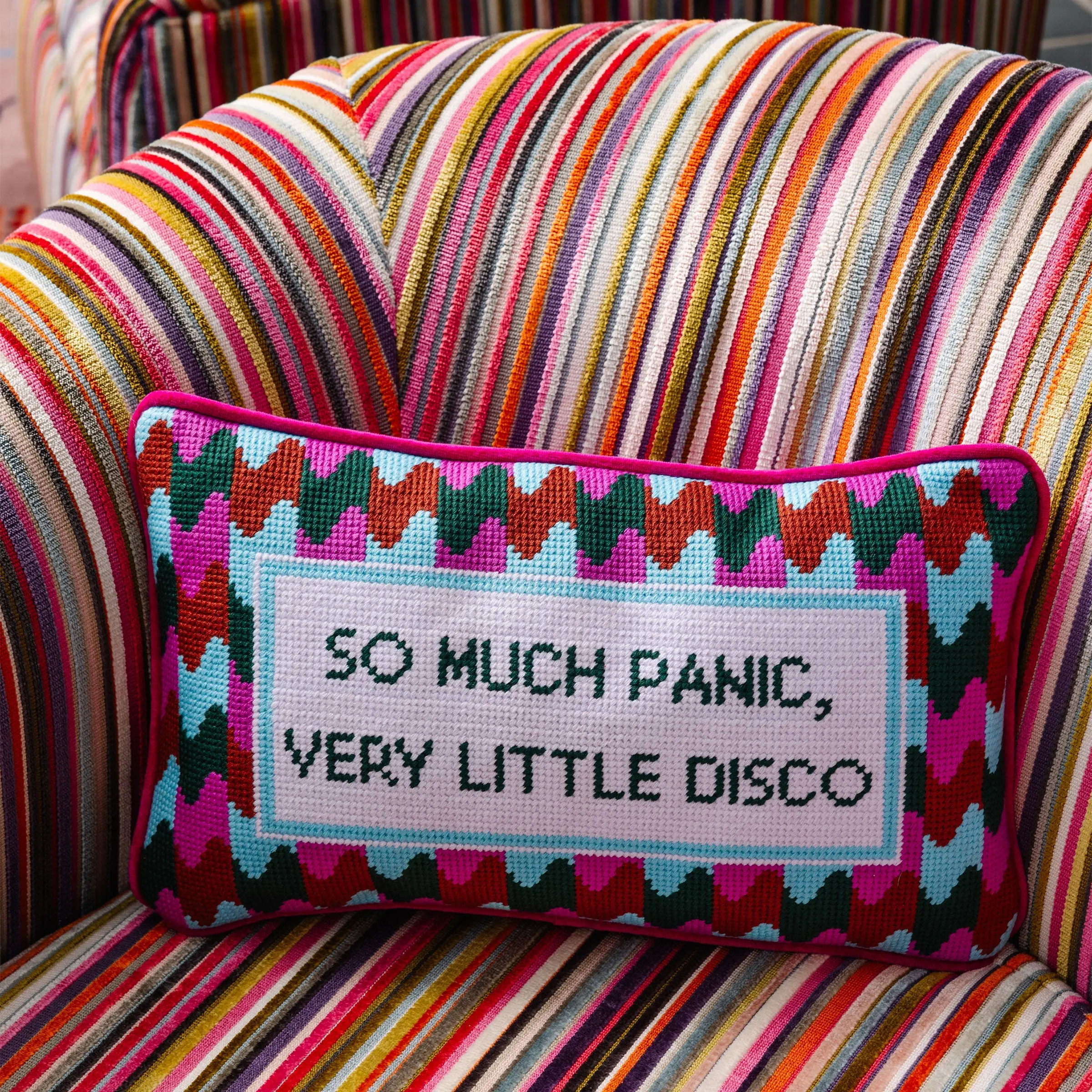 Panic! at the Disco Velvet Needlepoint Pillow - Embroidery Letter Print Decorative Accent, Vibrant Cushion for Home Bedding Decor
