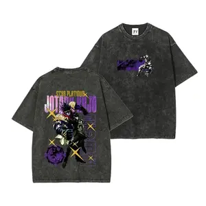 JoJo's Bizarre Adventure Jotaro Kujo Graphic Tee, Vintage Acid Wash Tee, Anime OOTD show Star Platinum Back Print Top, Y2K Grunge Harajuku Hip Hop Streetwear T-Shirt for Men Women