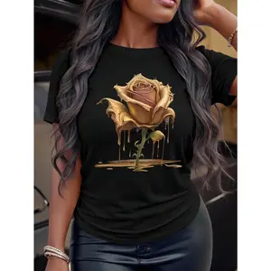 Maweii Women Floral Rose Print Round Neck Short Sleeve T-Shirt graphic tee