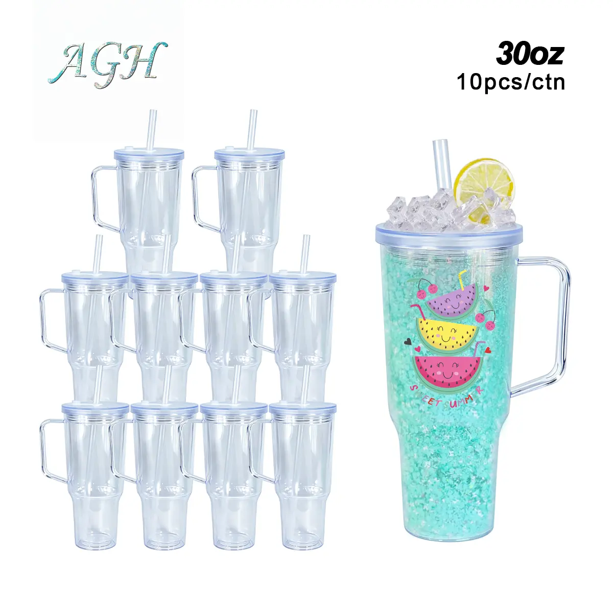 AGH US 10 pcs NEW Collection 30OZ Updating Double wall Plastic tumbler Exclusive Leak-Proof Snow Globe With bubble tea straws and Pre Snow Globe Drilled Hole And Plugs