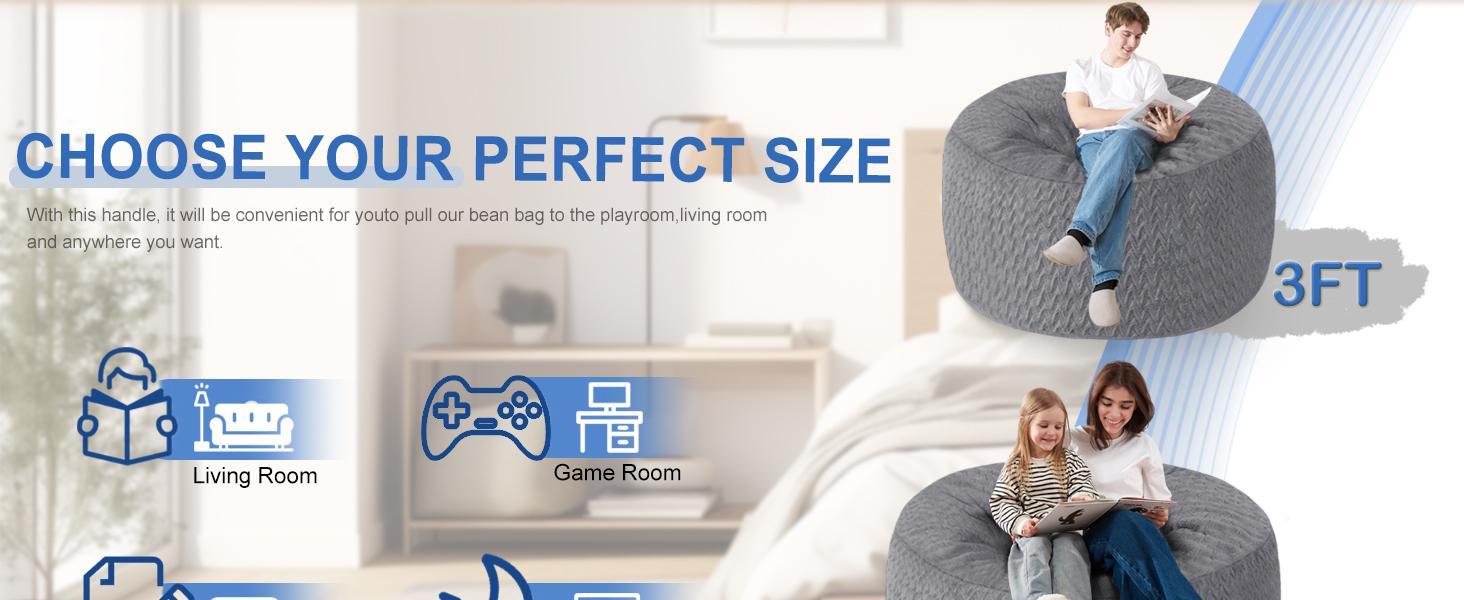 3FT Bean Bag Chair,Giant Bean Bag Chairs for Adults,Big Bean Bags with Memory Foam Filled, Large Beanbag Chairs with Chevron Plush Cover-Grey
