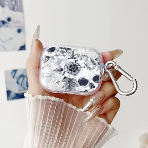 Skull and Flowers Pattern Protective Case for AirPods 4/3/2/1/Pro/Pro2 Soft TPU Earphone Cover, Transparent with Keychain