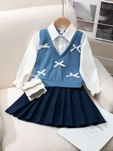 New Arrival Chic Modern Girls Preppy Outfit Set Sophisticated Playful Classic White Long Sleeve Blouse Cozy Knitted V Neck Bow Vest Flattering Navy Pleated Skirt Ideal for School Uniforms Everyday Wear or Special Occasions