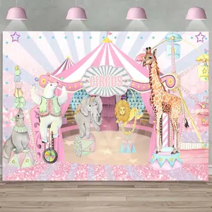 Pink Circus Backdrop for Girl Pastel Carnival Birthday Decorations Kids Big Top Tent Ferris Wheel Circus Animals Party Background Sweet Baby Shower Desset Table Banner Photo Booth Props