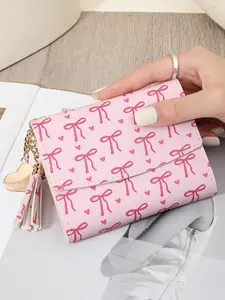 Casual cartoon printed women's short wallet, simple heart-shaped and tassel decorated envelope style short wallet, portable and multi slot card bag, three fold snap button wallet, suitable for outdoor, travel, Wallets women, Wallet Card Holder
