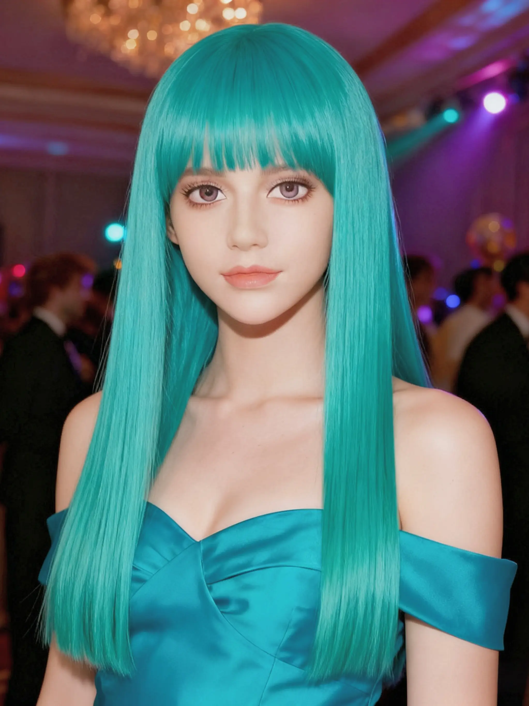 Teal Wig  Bluish Green Cosplay Wig for Women Medium Length Blue Green Wigs with Bangs Synthetic Bluish Green Wigs for Game Cosplay Costume Synthetic Hair Wig Synthetic Material Wigs