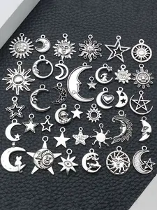 35pcs Mixed Antique Silver Color Sun Moon Stars Charms, Jewelry Findings for DIY Necklace Bracelet Crafts, Essential Craft Supplies