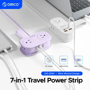 ORICO 7-in-1 Travel Power Strip, 3 AC Outlets + USB-C/USB-A Fast Charge (20W or 65W PD GaN), 4FT Wrapped Extension Cord, Flat Plug, Compact for Hotel, Dorm, Cruise, and MacBook/iPhone Devices - AP3 20W/65W