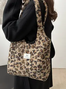 DOVA Leopard Print Teddy Fleece Hobo Tote Bag for Women  Soft Plush Texture & Large Capacity Single Shoulder Bag for Daily & Casual Use (12.59" L)